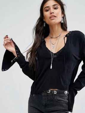 Free People Jump to The Beat Black Blouse Bell Sleeve Boho Grunge Top Lace Up M